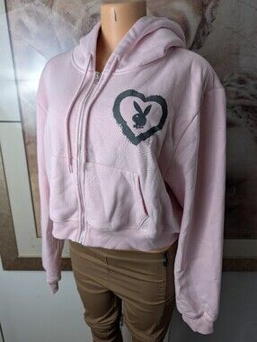 Playboy Pink Spray Paint Heart Streetwear Crop Sweater Hoodie Size XL/TG